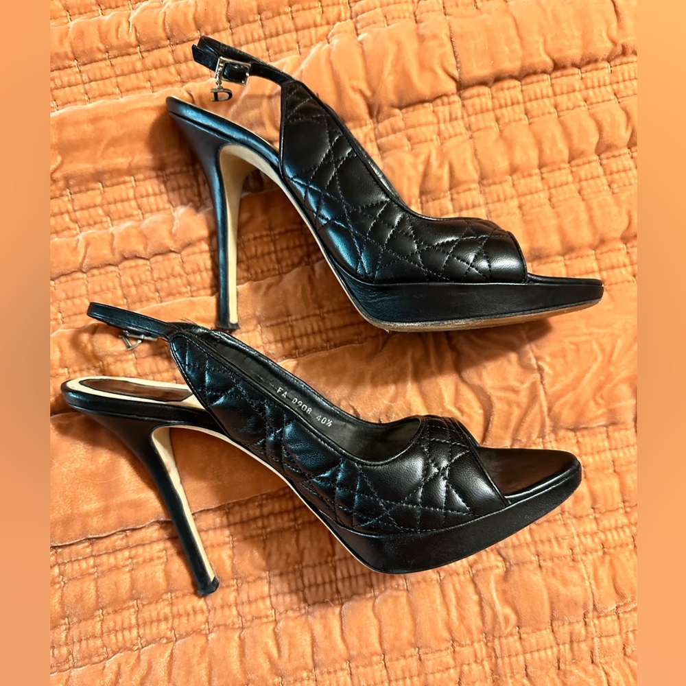 Dior Black Quilted Open-Toe Heels, Size 9.5
